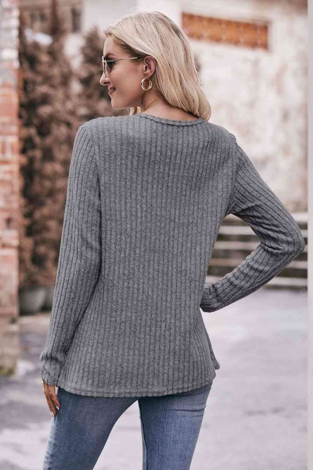 swvws Double Take Ribbed Round Neck Buttoned Long Sleeve Tee