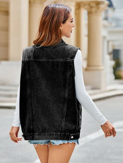 swvws Pocketed Button Up Sleeveless Denim Jacket