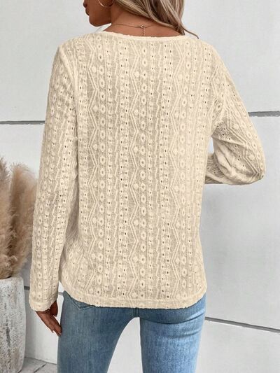 swvws Openwork Half Button Long Sleeve Blouse