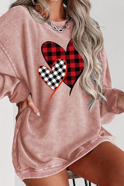 swvws Heart Round Neck Dropped Shoulder Sweatshirt