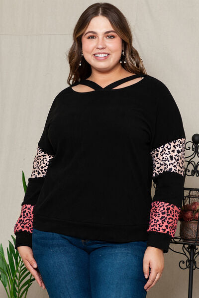 swvws Plus Size Leopard Dropped Shoulder Long Sleeve T-Shirt