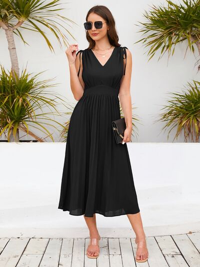 swvws Pleated V-Neck Sleeveless Midi Dress