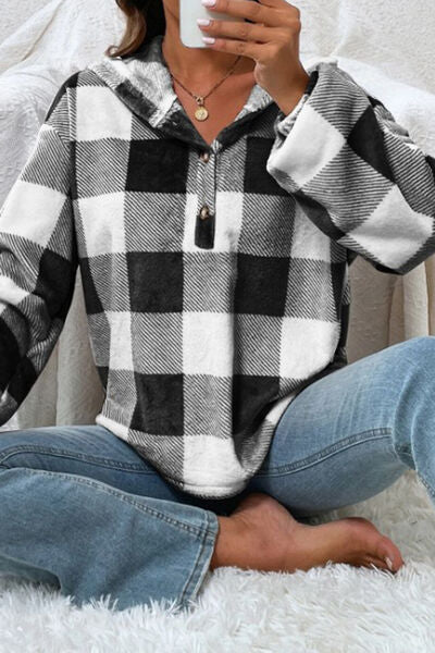 swvws Plaid Quarter Button Dropped Shoulder Hoodie