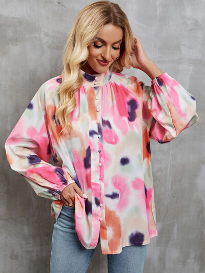 swvws Printed Mock Neck Balloon Sleeve Shirt