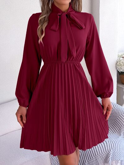 swvws Tie Neck Balloon Sleeve Pleated Dress