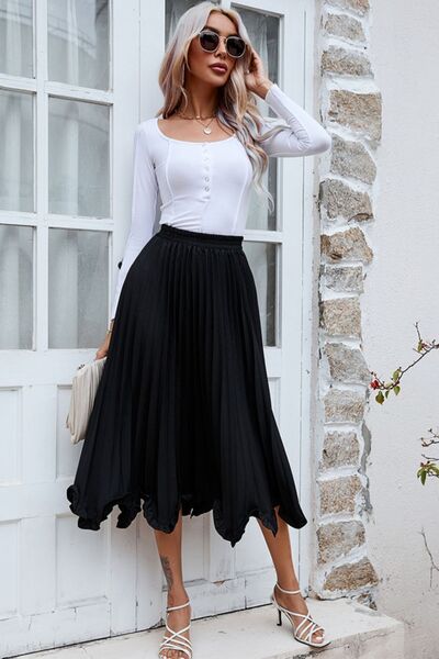 swvws Frill Trim Pleated Elastic Waist Skirt