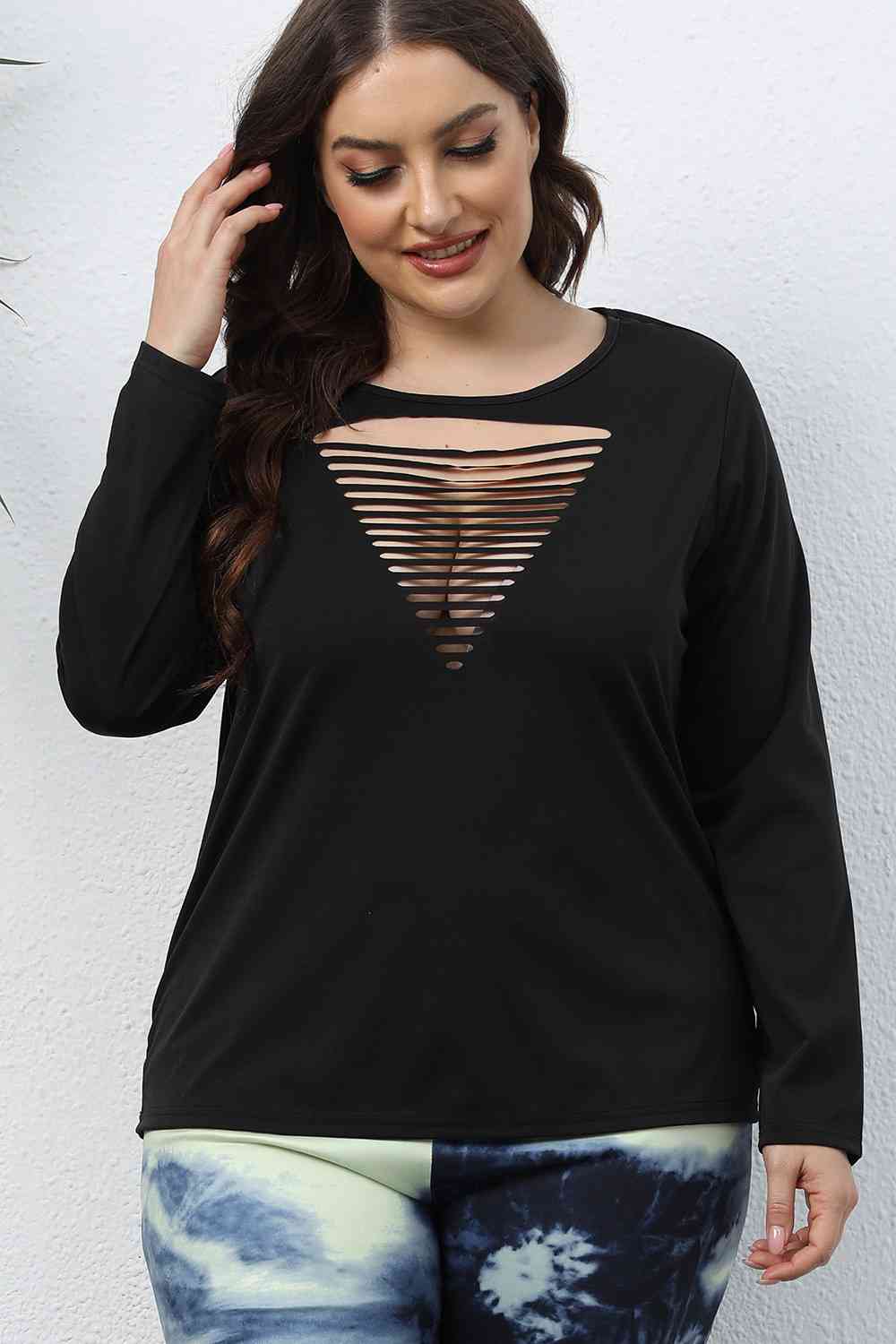 swvws Plus Size Cutout Front Long Sleeve T-Shirt