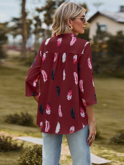 swvws Printed Frill Notched Roll-Tab Sleeve Blouse