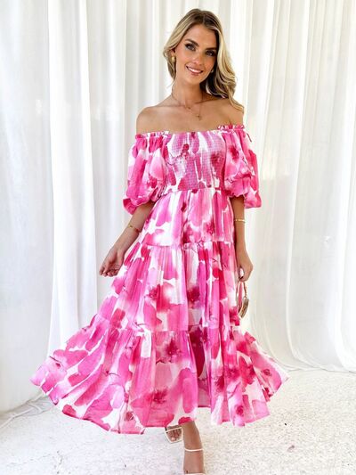 swvws Printed Smocked Off-Shoulder Tiered Dress