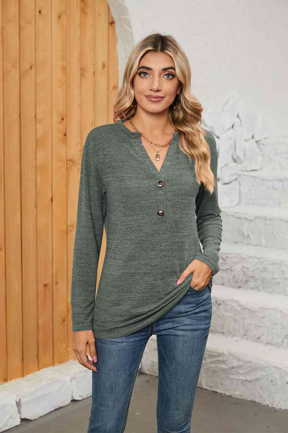 swvws Notched Neck Long Sleeve T-Shirt