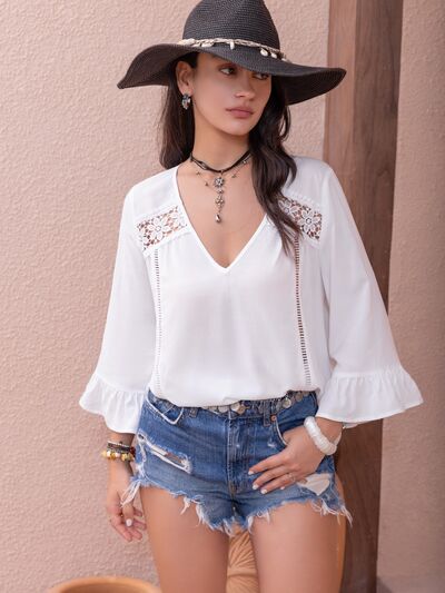 swvws Cutout V-Neck Flounce Sleeve Blouse