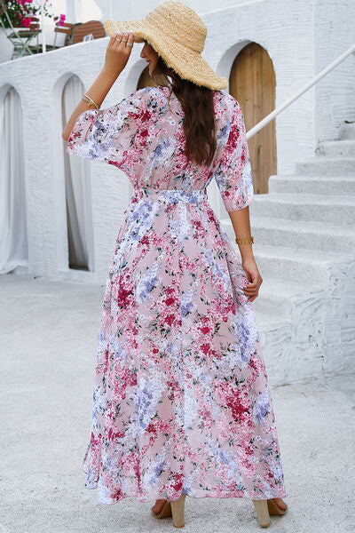 swvws Printed Tied Half Sleeve Slit Dress