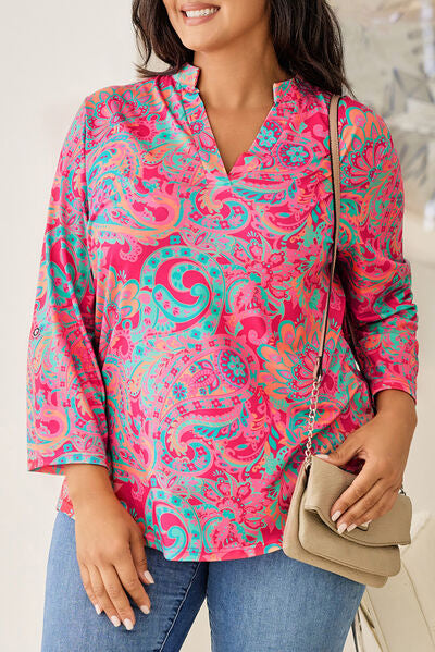 swvws Plus Size Printed Notched Long Sleeve Blouse