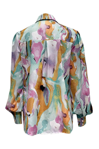 swvws Printed Button Up Lantern Sleeve Shirt