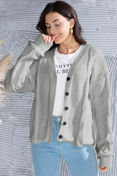 swvws Button Up V-Neck Drop Shoulder Long Sleeve Cardigan