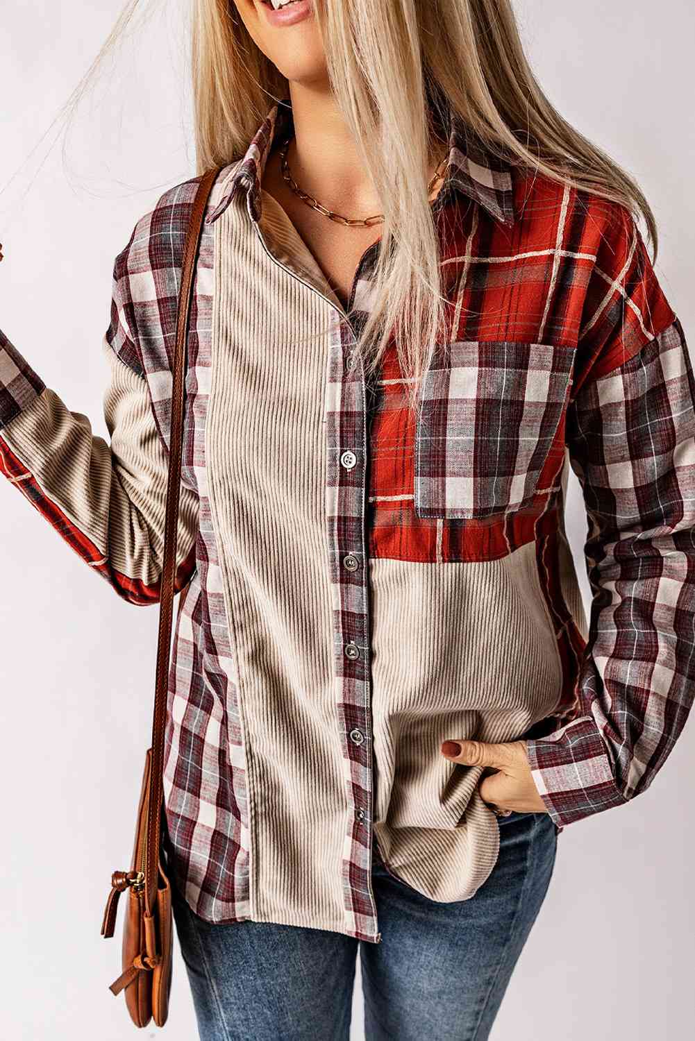 swvws Plaid Collared Neck Buttoned Shirt with Pocket