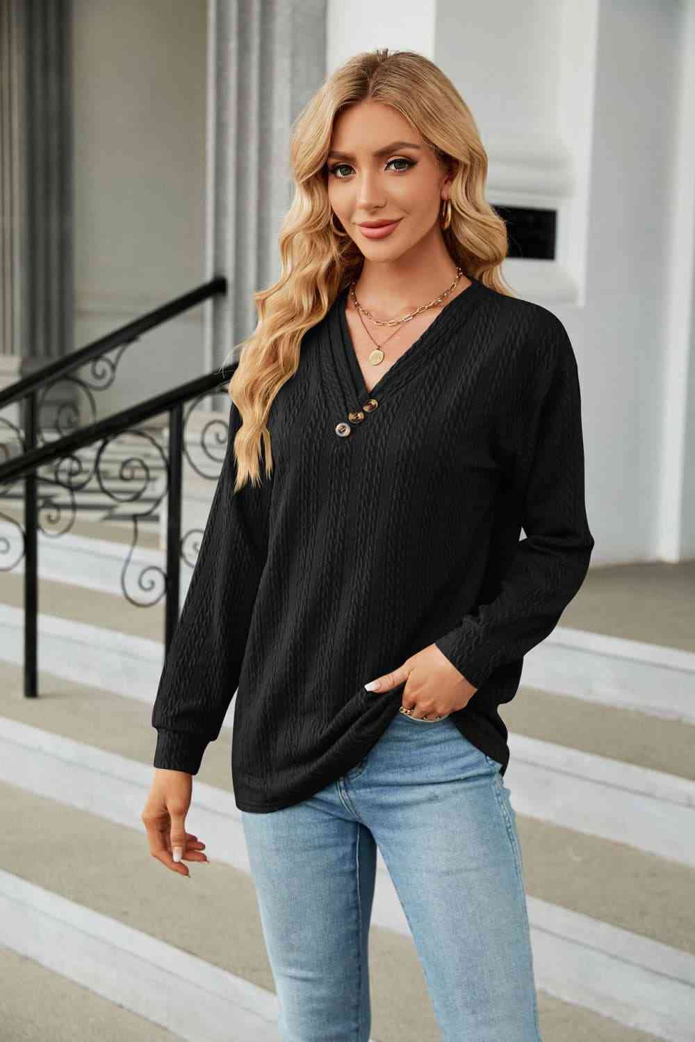 swvws Decorative Button V-Neck Long Sleeve T-Shirt