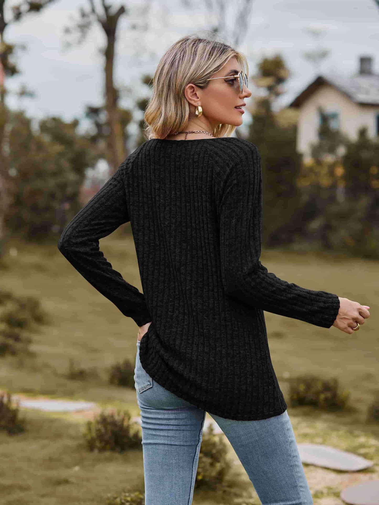 swvws Ribbed Square Neck Long Sleeve Tee