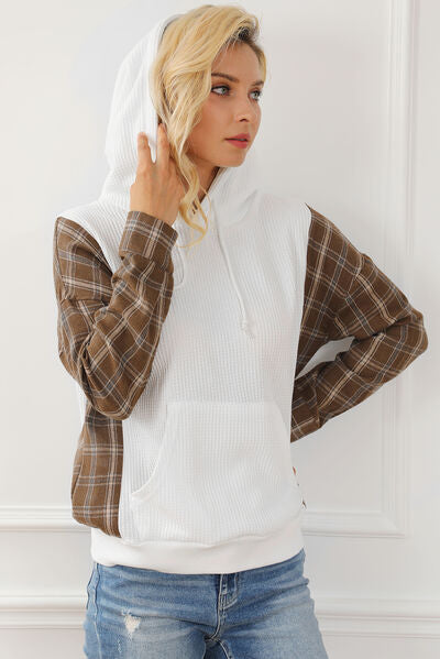 swvws Plaid Waffle-Knit Drawstring Kangaroo Pocket Hoodie