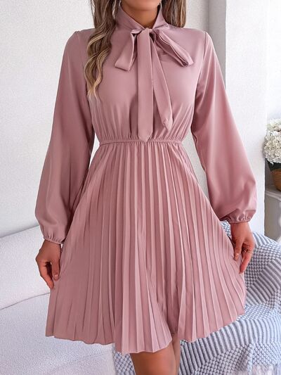 swvws Tie Neck Balloon Sleeve Pleated Dress