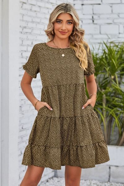 swvws Polka Dot Round Neck Tiered Dress