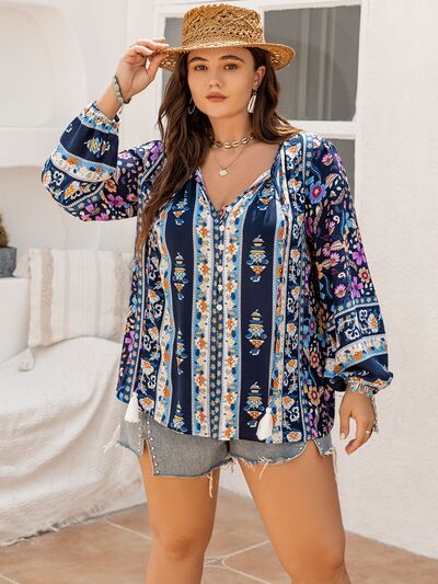 swvws Plus Size Tie Neck Tassel Printed Blouse