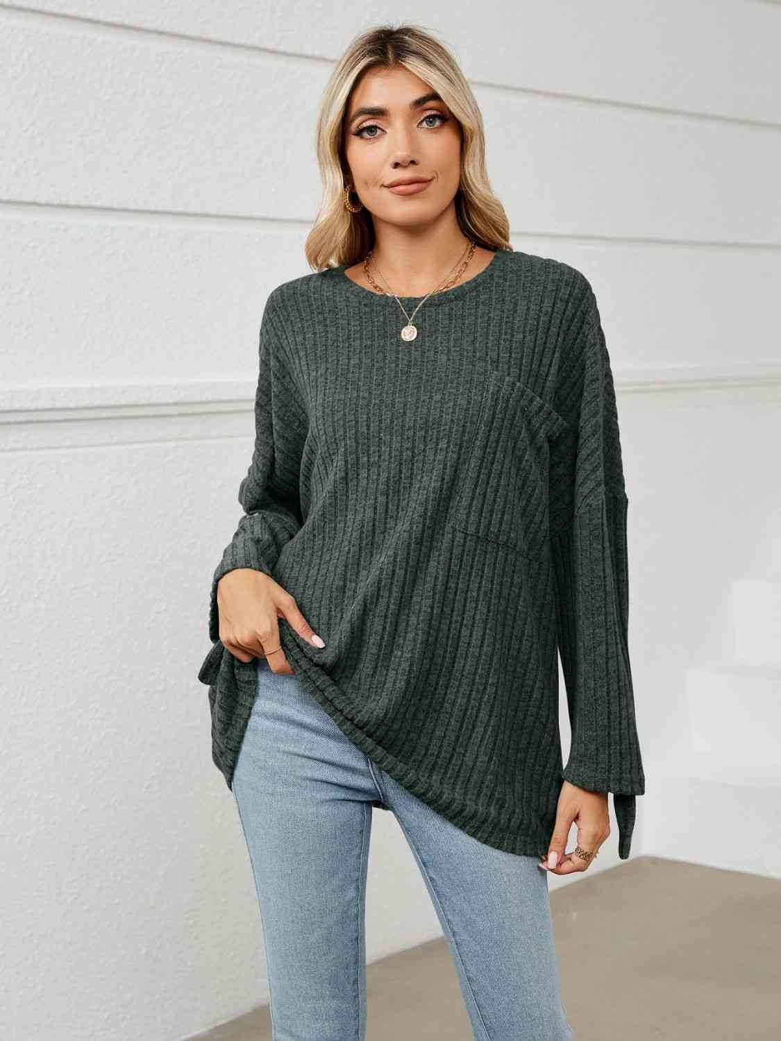 swvws Round Neck Ribbed Long Sleeve T-Shirt