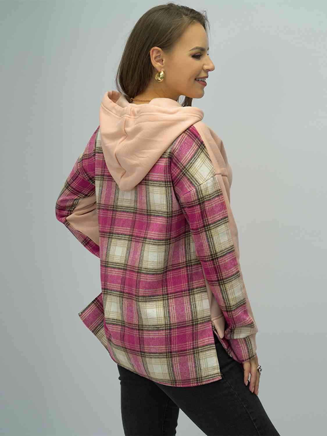 swvws Plaid Drawstring Drop Shoulder Slit Hoodie