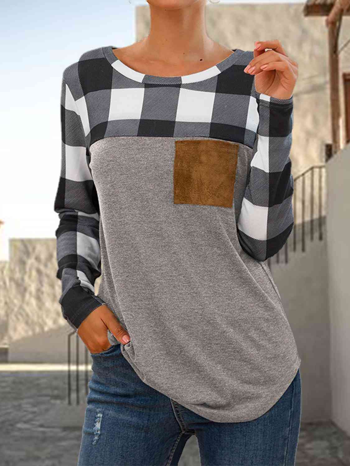 swvws Plaid Round Neck Long Sleeve T-Shirt