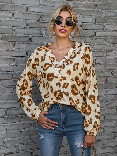 swvws Leopard V-Neck Decorative Button Long Sleeve Blouse