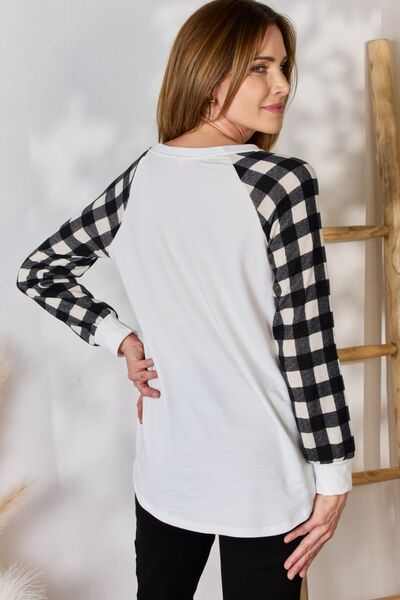 swvws Hailey & Co Full Size Plaid Raglan Sleeve Round Neck Blouse