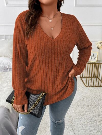 swvws Plus Size V-Neck Long Sleeve T-Shirt