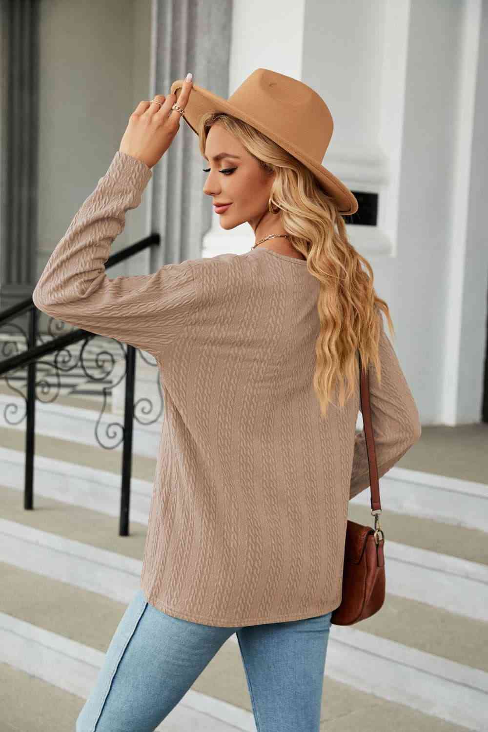 swvws Decorative Button V-Neck Long Sleeve T-Shirt