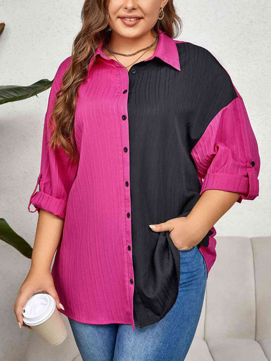 swvws Plus Size Contrast Color Roll-Tap Sleeve Shirt