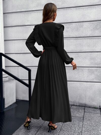 swvws Pleated Surplice Tie Waist Maxi Dress