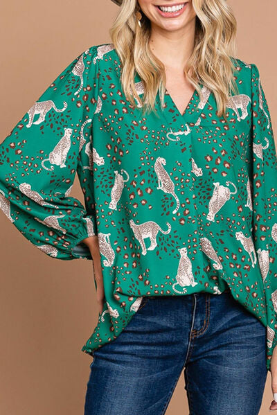 swvws Leopard V-Neck Balloon Sleeve Blouse