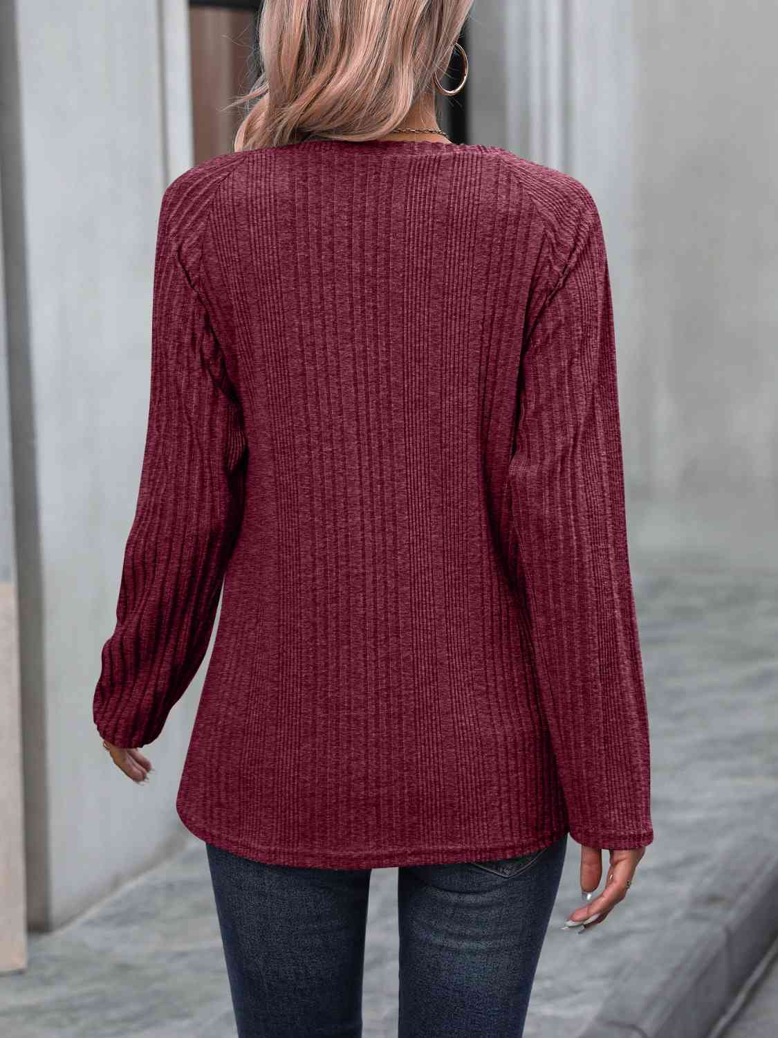 swvws Ribbed Buttoned Round Neck Long Sleeve T-Shirt