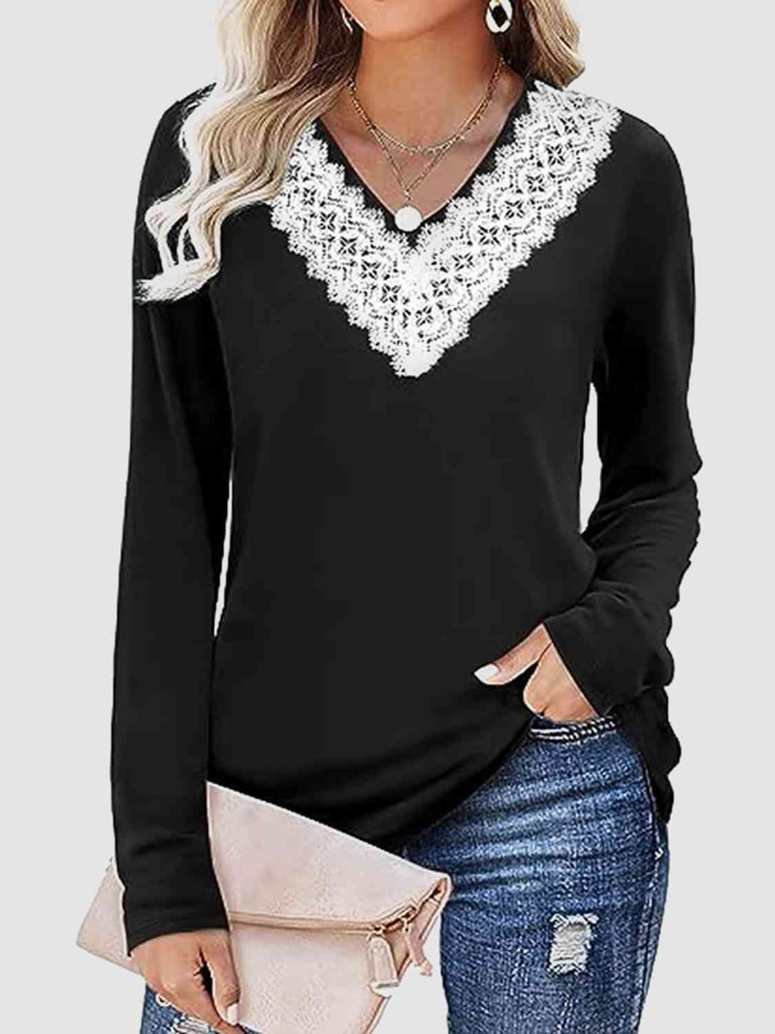 swvws Lace Detail V-Neck Long Sleeve Top