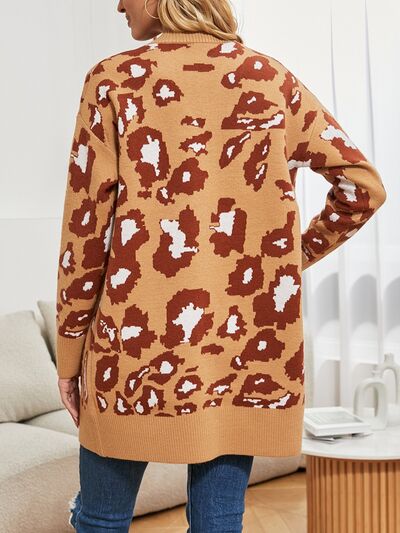 swvws Leopard Open Front Dropped Shoulder Cardigan