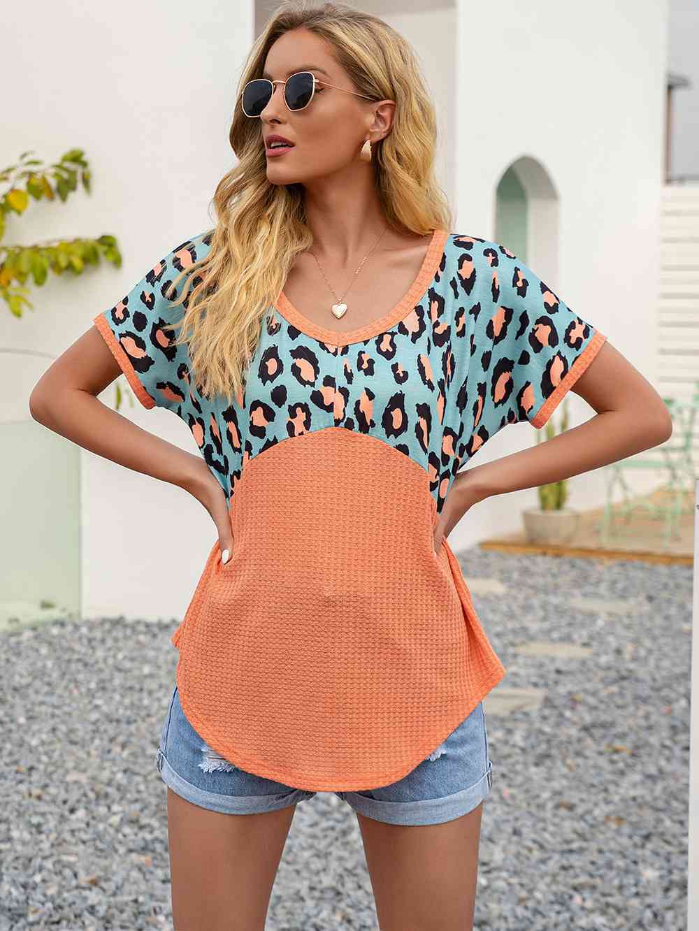 swvws Leopard Waffle-Knit Short Sleeve Top