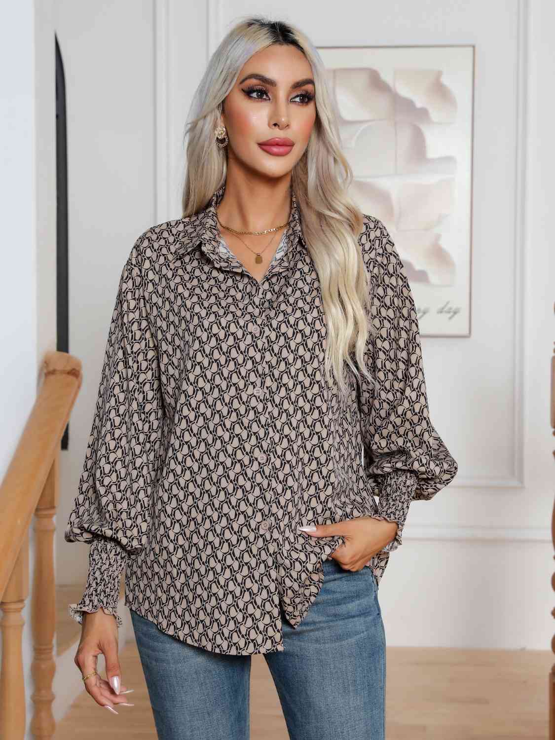 swvws Printed Collared Neck Buttoned Dropped Shouder Shirt