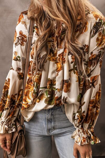 swvws Printed Notched Long Sleeve Blouse