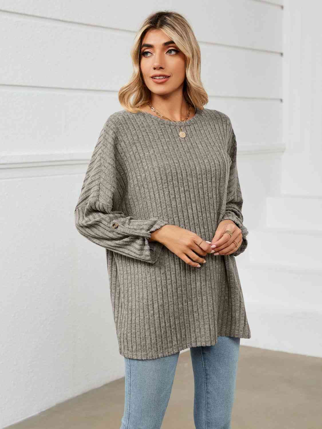 swvws Round Neck Ribbed Long Sleeve T-Shirt