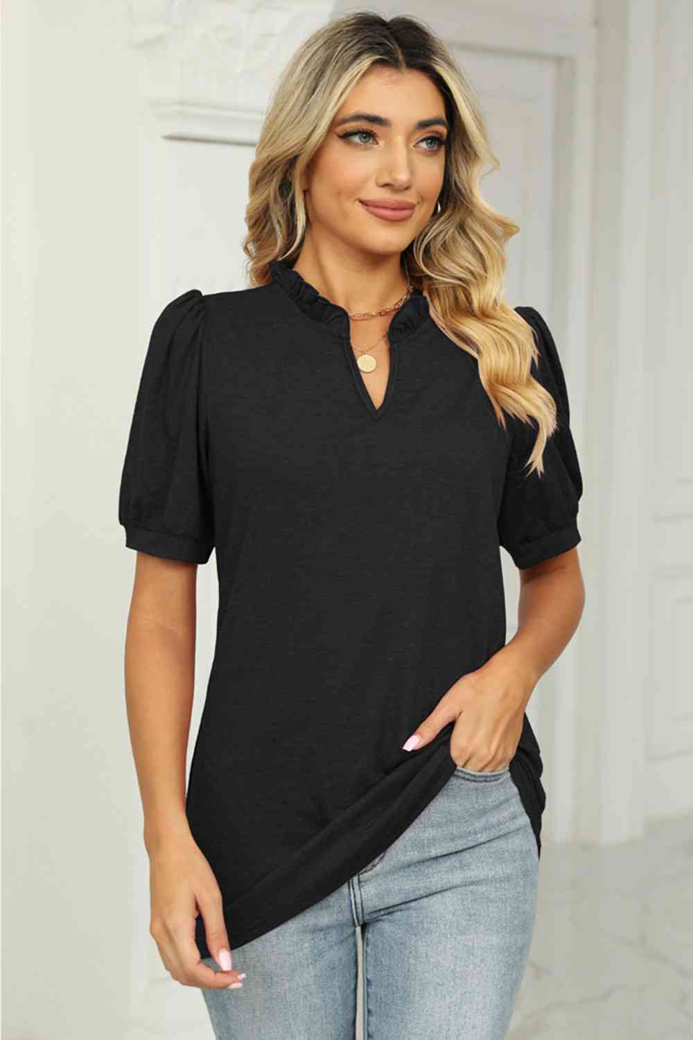 swvws Notched Neck Puff Sleeve T-Shirt