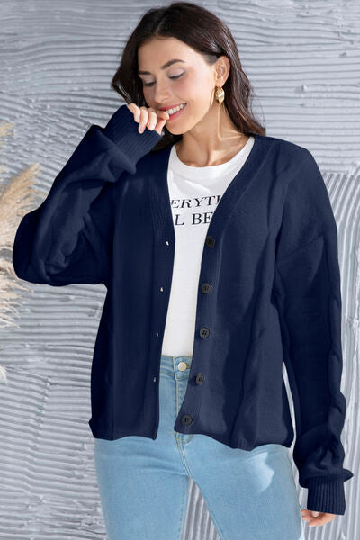 swvws Button Up V-Neck Drop Shoulder Long Sleeve Cardigan