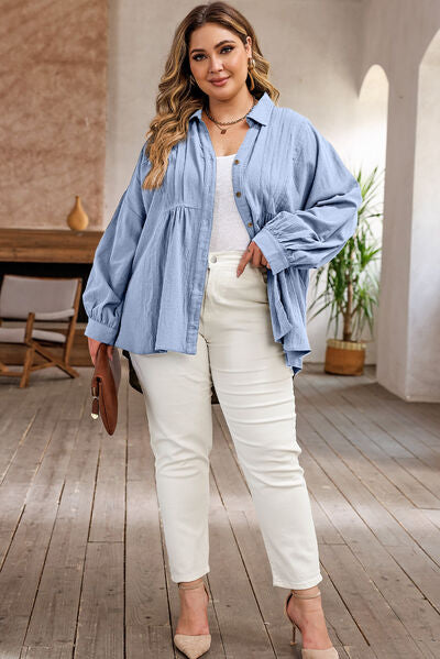 swvws Plus Size High-Low Button Up Dropped Shoulder Shirt