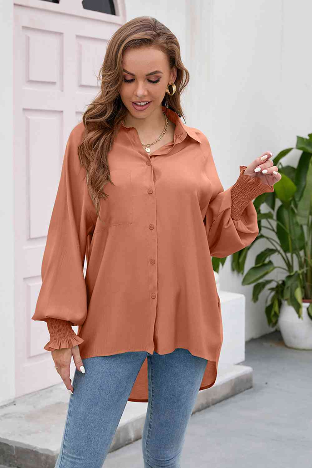 swvws High-Low Collared Neck Lantern Sleeve Shirt