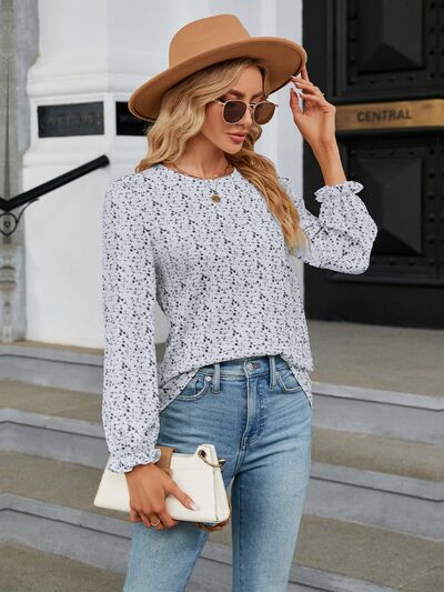 swvws Printed Round Neck Flounce Sleeve Blouse