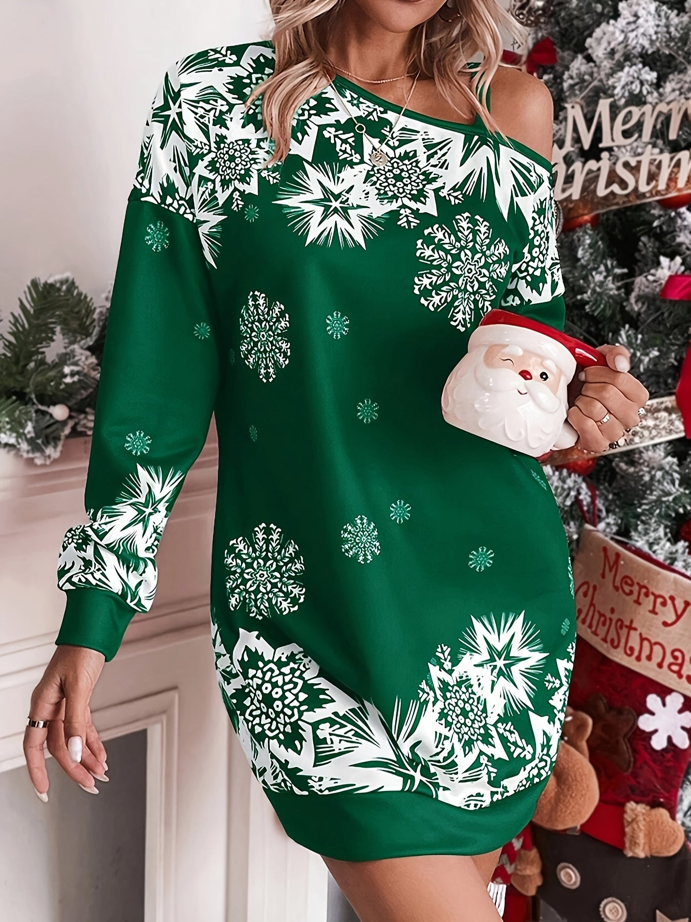 Festive Off-the-Shoulder Snowflake Dress - Women's Casual Polyester Knit One-Shoulder Sleeve Dress for Spring/Fall, Holiday Party, Festive Occasions - Easy to Wear, Comfortable, Relaxed Fit