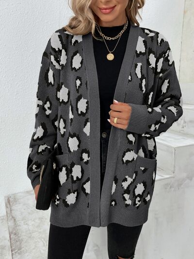 swvws Leopard Open Front Dropped Shoulder Cardigan